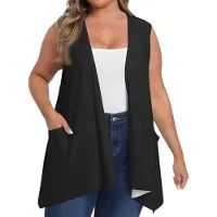 Long nose Dam Överdimensionerad Lös Ledig Enfärgad Ärmlös Väst Med Ficka Kofta Jacka Kofta Jacka XXXXXL svart