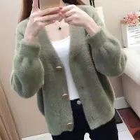 Mille Lös Stickad Kofta Ytterplagg Kort Modell Koreansk Version Polyesterfiber Lång Ärm Vår Höst S grön