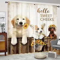 Yiran Furniture 2 st Gård Söt Hund Katt Liten Tupp Höna Tryck Gardin Digitaltryckt Polyestergardin för Vardagsrum Kök Sovrum Matsal 2x50W100H(CM)&hook