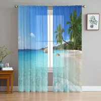 Yiran Furniture Landskap Strand Havsvatten Tyll Skira Gardiner för Vardagsrumsdekoration Fönstergardin för Sovrum Voile Organza Draperier W135 x H115cm x1&Rod Pocket