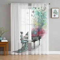 Yiran Furniture Katt Musiknot Notlinje Svart Vit Chiffong Skira Gardiner för Vardagsrum Sovrum Dekoration Fönster Voiler Tyllgardin Draperier W135 x H115cm x1&Grommet Top