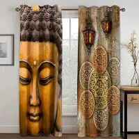 Yiran Furniture Sten Indisk Buddha Staty Zen Lotus Billiga 2 Delar Tunna Fönstergardiner för Vardagsrum Sovrum Inredning Två Draperier W60H60(CM)x2pcs&Grommet Top