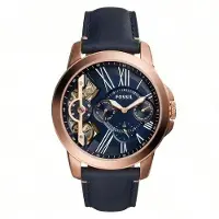 Fossil **Grant Series Läder 3-handsklocka** **** med kvarts-/automatiskt urverk, boett i rostfritt stål, reptålig klassisk design. blå
