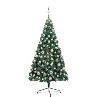 vidaXL Belyst halv plastgran med kulor grön 120 cm