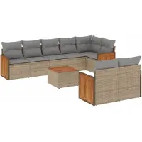 vidaXL Soffgrupp för trädgården med dynor 9 delar beige konstrotting