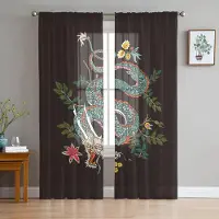 Yiran Furniture Kinesisk stil Svart Drake Blå Tyll Skira fönstergardiner för vardagsrummet i sovrummet Moderna Voile Organza Gardiner Draperier W135 x H115cm x1&Grommet Top gray