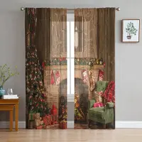 Yiran Furniture Jul Vinter Snöflinga Tomte Skira Gardiner Hem Fönsterdekorationer Voile Tyllgardiner För Vardagsrum Sovrum Kök W135 x H115cm x1&Grommet Top black
