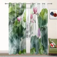 Yiran Furniture Lotusgardiner för vardagsrum Landskap Tjock fönstergardin för sovrummet Estetisk rumsinredning Sceneri Hög mörkläggningsgardin W55 X H120cm X 2&Grommet Top gray