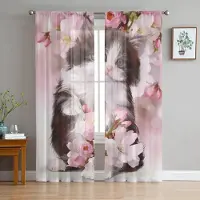 Yiran Furniture Svart Katt Djur Vit Chiffong Skira Gardiner för Vardagsrum Sovrum Heminredning Fönster Voiles Tyll Draperier Gardin W135 x H115cm x1&Grommet Top gray