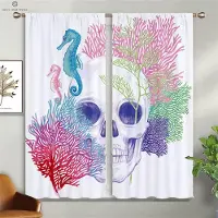 Yiran Furniture Döskalle Stjälande Blommor Kreativt Tryck Gardiner, Lämpliga för Vardagsrum, Matsal, Studierum, Halloween-dekoration W50xH130(CM)x2PCS&Grommet Top blue