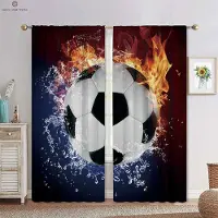 Yiran Furniture Fotboll Rugby i Vatten och Eld 3D-tryckt Kanalgardin Sovrum Vardagsrum Kök Dekorativ Gardin 2 Delar W50xH130(CM)x2PCS&Grommet Top black