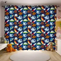 Yiran Furniture Tecknad Rymdfart 3D-tryckta Gardiner Astronaut Rymdfarare Rymdskepp Raket Måne Planet Sovrum Barnrum Gardiner 2ST W50xH130(CM)x2PCS&Rod pocket white