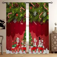 Yiran Furniture Ny Jul Nyårstema Gardin Älg Röd Grön Rutig Snögubbe Klocka Talltryck Tunn Drapering för Sovrum Vardagsrum Persienner Het W55 X H120cm X 2&Grommet Top red