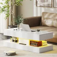 HOMCOM Soffbord med LED-belysning - vitt vardagsrumsbord / salongsbord med lådor