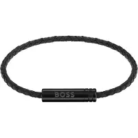 BOSS Braided cuff in black leather with logo plaque