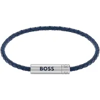 BOSS Braided cuff in blue leather with logo plaque