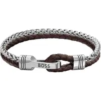 BOSS Braided cuff in brown leather and stainless steel
