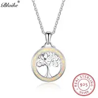 YIRAN Jewelry Blaike Livligt Vit Eldopal Cirkel & Livets Träd Hängen Massivt S925 Sterlingsilver Ihålig Födelsestens Nyckelbenshalsband Kvinnor white