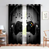 Yiran Furniture Teknik Spelhandtag Tryckta Gardiner, Halvmörkläggande Kanalgardiner, Dekorationsgardiner för Vardagsrum Sovrum E-sportrum W50xH140(CM)x2PCS&Grommet Top