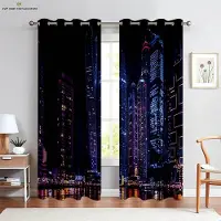 Yiran Furniture Stadsbyggnad 3D-utskrift Gardiner, Nattvy Sceneri, Sovrum, Vardagsrum, Kök, Dekorativa, Lätta att Tvätta och Sköta, 2 st W50X130H(CM)X2PCS&Rod pocket