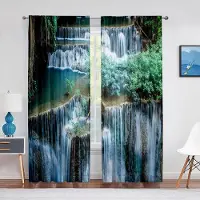 Yiran Furniture 2 st Vattenfall med Naturlandskapstema Grön Skog Flod Gardiner för Vardagsrum Sovrum Dekor Gardiner Fönstergardin (W50H130cm)-2pcs&Grommet Top