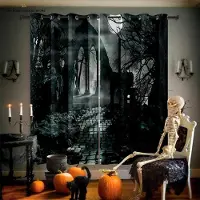 Yiran Furniture Halloween Dekorativa Gardiner för Barnrum, Skräck Tecknad Dödskalle Tryck, Restaurang, Högtidsfest W50X130H(CM)X2PCS&Rod pocket
