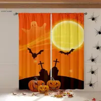 Yiran Furniture Halloween Skräckatmosfär Dekorativa Gardiner Gotisk Stil Slott Pumpa Tecknad Tryck Gardiner Högtidsfest Dekorativa 2ST W50xH140(CM)x2PCS&Grommet Top