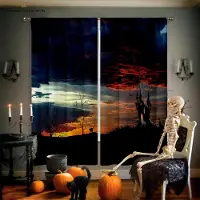 Yiran Furniture Halloween Skräckgardiner, Pumpaslott, Dekoration för Högtidsfest, Barnrum, Vardagsrum, Restaurang W50X130H(CM)X2PCS&Rod pocket
