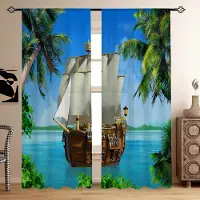 Yiran Furniture 2 Paneler 3D Strandlandskap Mönster Gardiner Ljusfiltrerande Fönsterbehandlingsset Gardin För Vardagsrum Sovrum Heminredning 2x60Wx50H(CM)&Grommet Top