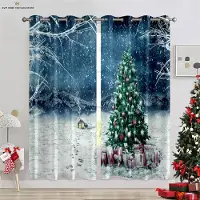 Yiran Furniture 2 Delar Jul Dekorativ Gardin Klocka Glänsande Öppen Spis 3D-Tryck Gardin Lämplig för Nyårshelg Fest Dekorativ W50X130H(CM)X2PCS&Rod pocket