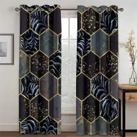 Yiran Furniture 3D Billig Modern Svartvitt Klassisk Gradient Marmor 2 Delar Tunn Skuggande Fönstergardin för Vardagsrum Sovrum Inredning Krok 100W130H(CM)40x51in&Grommet Top black