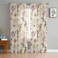 Yiran Furniture Vintage Blommor Rosa Pion Vita Skira Gardiner för Vardagsrumsdekoration Fönstergardin Kök Tyll Voile Organza Draperier W135 x H115cm x1&Grommet Top