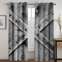 Yiran Furniture Gård Trädörr Planka 3D Digitaltryck Sovrum Vardagsrum Gardiner Gård Ranch Stil Tryckt Gardin två delar W50xH130(CM)x2pcs&Grommet Top ljusgrå färg
