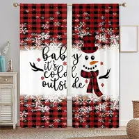 Household supplies MH 2 st Julrutiga Snögubbegardiner Röd Svart Rutig Snöblomsdesign Texttryck Vardagsrum Sovrum Högtidsdekor Gardiner 50W50H(CM)X2PCS&Rod Pocket