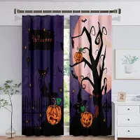 Yiran Furniture Glad Halloween Slott Pumpa Häxa Måne Fönstergardin för Barn Vardagsrum Sovrum Badrum Kök Dörr Skåp Dekor Krokar W50 X H130(CM)X2&Grommet Top