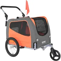 Vevor Hundcykelkärra, Stöder upp till 30 kg, 2-i-1 Hundvagnsvagn Cykelhållare, Lättfällbar vagnsram med Snabbkopplingshjul, Universal Cykelfäste, Reflexer, Flagga, Orange/Grå