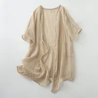 Darling Child Boutique Bomulls- och linnekardigan för kvinnor V-ringad kappa Casual cardigan Tunn stil Ramie Solskyddskläder Sommarskjorta 2XL aprikos