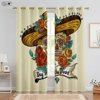 Yiran Furniture Halloween Jul Dödskalle Ros Gardiner Retro Hippie Skräck Knepig Hemlig Rum Bar Sovrum Högtidsdekoration Gardiner 2 st W50xH130(CM)x2PCS&Rod pocket black