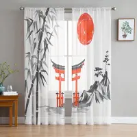 Yiran Furniture Landskapsbläckmålning Tyllfönstergardiner Vardagsrum Organzagarn Skir Voilegardin Sovrum Kök Heminredning Draperi W135 x H115cm x1&Grommet Top white