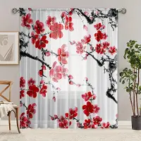 Yiran Furniture 2 st Rosa Persikoblommor Plommonmönster Skira Voilgardiner Stångfickor Dekorativa Gardiner För Sovrum Vardagsrum Heminredning 100W130H(CM)40x51in&Grommet Top white
