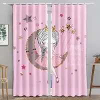 Yiran Furniture Härlig Rosa Stjärna Måne Flicka Hög Skuggning Material Gardin Digitaltryckt Gardin för Vardagsrum Sovrum Prinsessrum Heminredning W55 X H120cm X 2&Grommet Top white