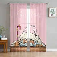 Yiran Furniture Tecknad Jul Jultomte Glänsande Röd Rosa Tyll Fönstergardiner Vardagsrum Sovrum Skira Heminredning Chiffong Voile Kök 2 st W65X60H(cm)X2Pcs&Grommet Top white