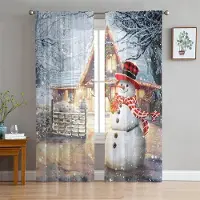 Yiran Furniture Söta Jul Snögubbe Snöscen Tyllgardiner Rullgardiner för Vardagsrum Sovrum Dekoration Chiffong Skir Voile Fönstergardin 2 st W65X60H(cm)X2Pcs&Grommet Top gray