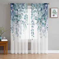 Yiran Furniture Vår Akvarell Växt Eukalyptusblad Tyg Gardiner Vardagsrum Kök Fönsterdekoration Chiffong Voile Skir Gardin W135 x H115cm x1&Grommet Top gray