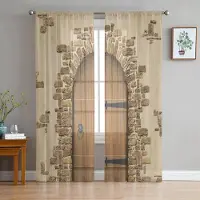 Yiran Furniture Grönt blad Stenvägg Tyllgardiner för vardagsrum Tryck Skir Voilegardin Sovrum Fönsterskärmning Draperier Persienner Heminredning W135 x H115cm x1&Grommet Top beige