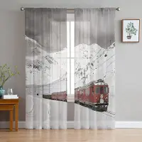 Yiran Furniture Vinter Snö Berg Morgonlandskap Hus Tyg Gardiner Vardagsrum Sovrum Kök Dekor Chiffong Skira Voile Fönstergardiner W135 x H115cm x1&Grommet Top gray