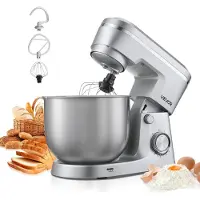 Vevor köksmaskin, 5,7 l elektrisk köksmaskin, 1500 W degmixer, 10 hastigheter, tiltbart huvud, skål i rostfritt stål, degkrok, visp, visp, för bakning, mixning, viskning och knådning, silver