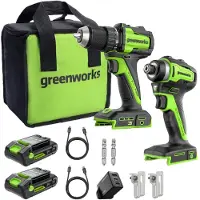 Greenworks 24V elverktygssats CK321 skruvdragare, skruvdragare, laddare, 2x batteri 2Ah, väska