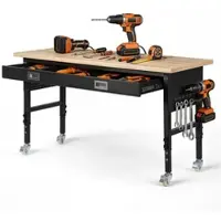 Vevor 1524 mm justerbar arbetsbänk, 680 kg lastkapacitet, garagearbetsbänk med låda, eluttag, hjul och hylsskiva, kraftig arbetsbord i ekträ för garage, verkstad, kontor och hem
