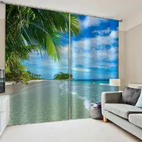 Yiran Furniture 2 st Sommar Strand Sjöstjärna Gardiner Blå Hav Landskap Gardin för Sovrum Vardagsrum Kök Hall Tropiska Draperier Heminredning W60H60(CM)x2PCS&Grommet Top